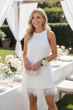 Bridal Dress Aidan Mattox White Sequin Halter Feather Mini Cocktail Party